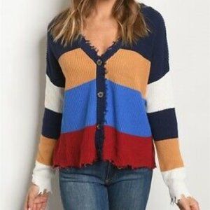 Fate Multi Colored Striped Boho Distressed Cardigan Sweater Size Large